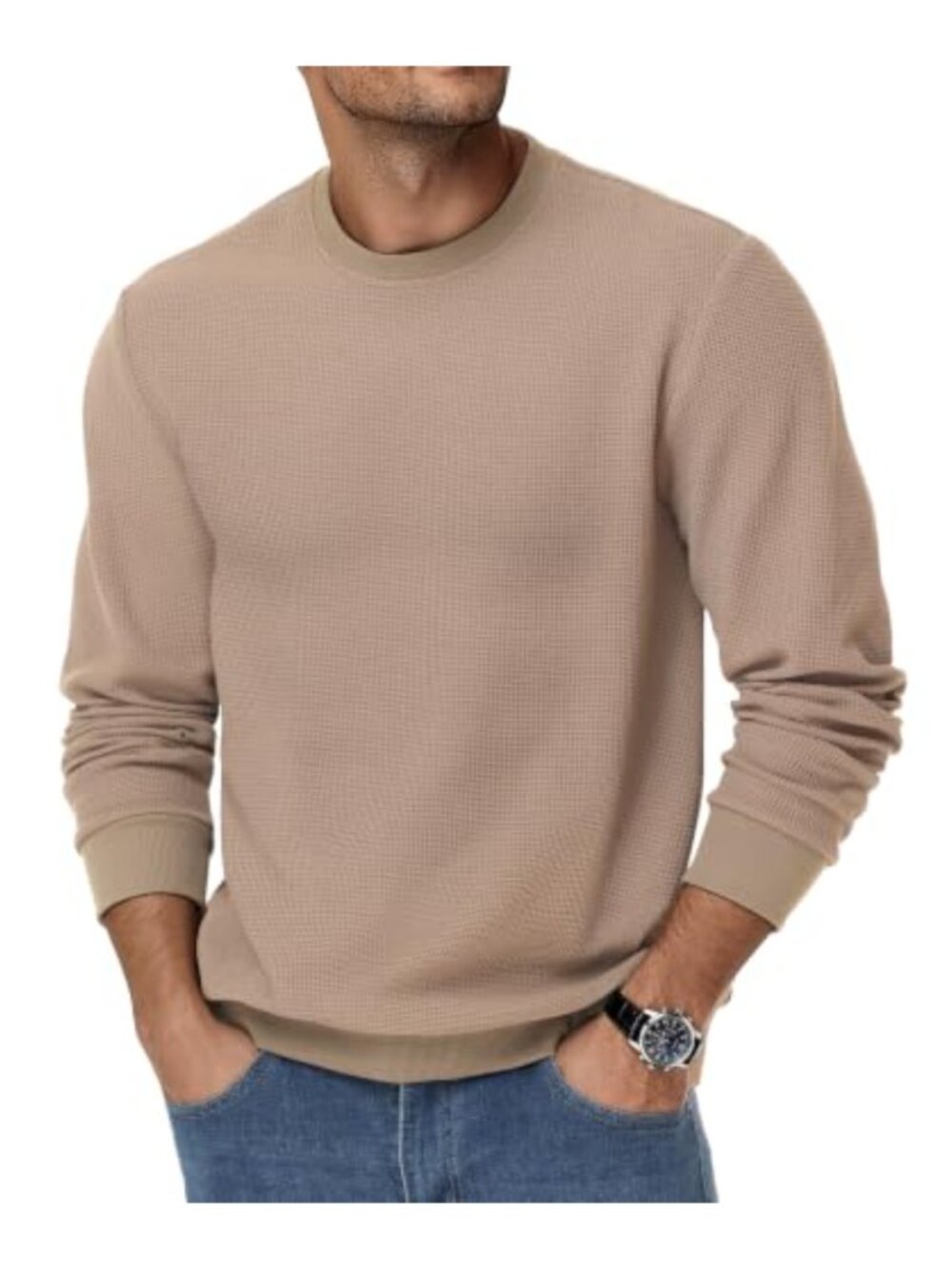 Waffle Textured Thin Sweatshirt Lightweight Crew Neck Pullover Long Sleeve